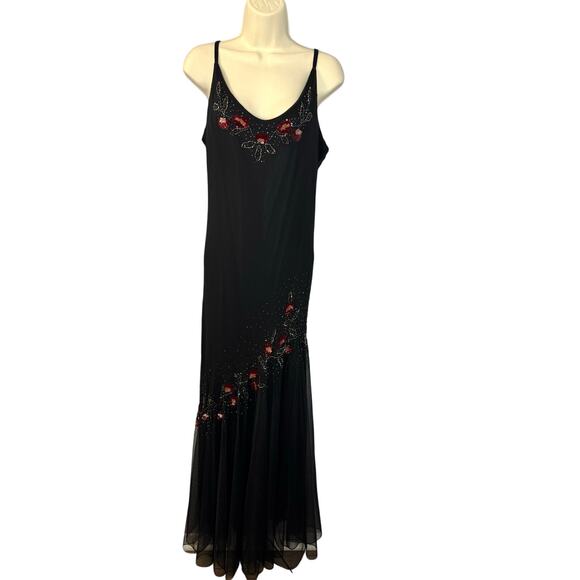Xscape Dresses & Skirts - Vtg Xscape Black Silk Beaded Foral Mermaid Slip Fairy Maxi Dress Y2K Prom Sz 16